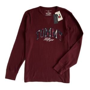 Tommy Hilfiger Tee Men's Large Long Sleeve Waffle-Knit Crew Neck Maroon NEW